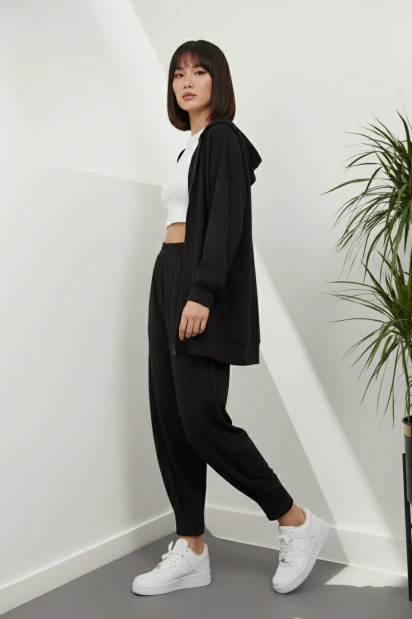 Siyah Manşeti Lastikli Sweat İkili Takım