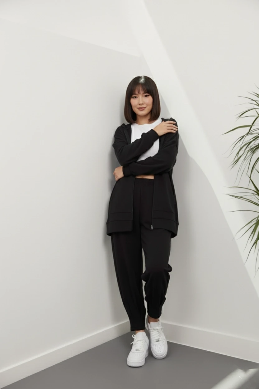 Siyah Manşeti Lastikli Sweat İkili Takım