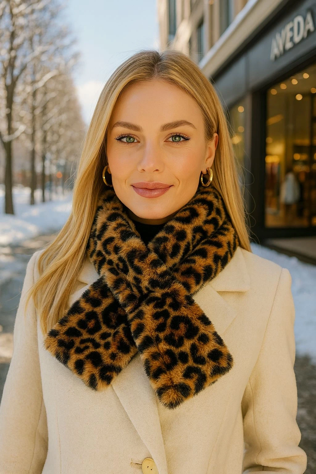 11246 Kürklü Leopar Desenli Kahverengi İçten Geçmeli Atkı