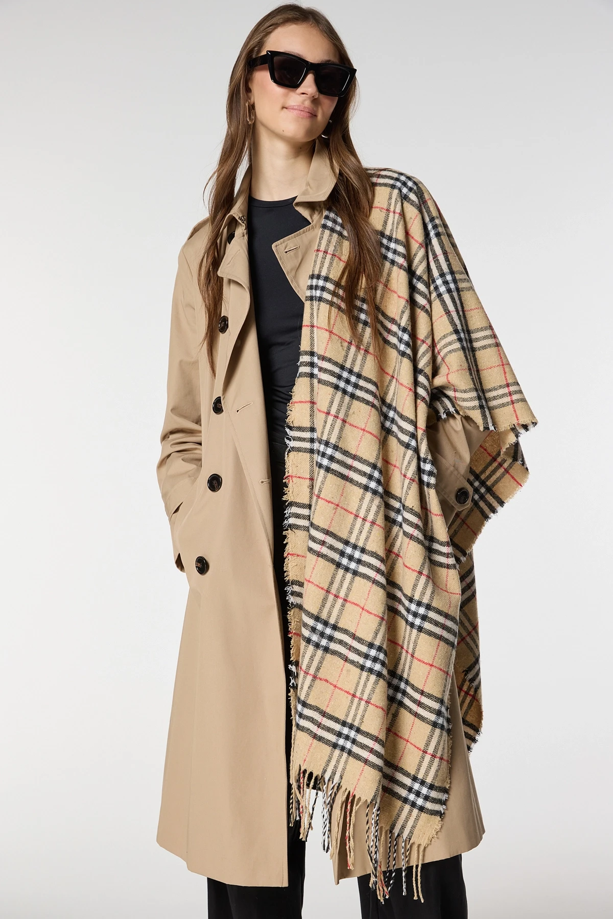 13814 Yumuşak Dokulu Püsküllü Ekose Desen Safran Kalın Omuz Şal Atkı