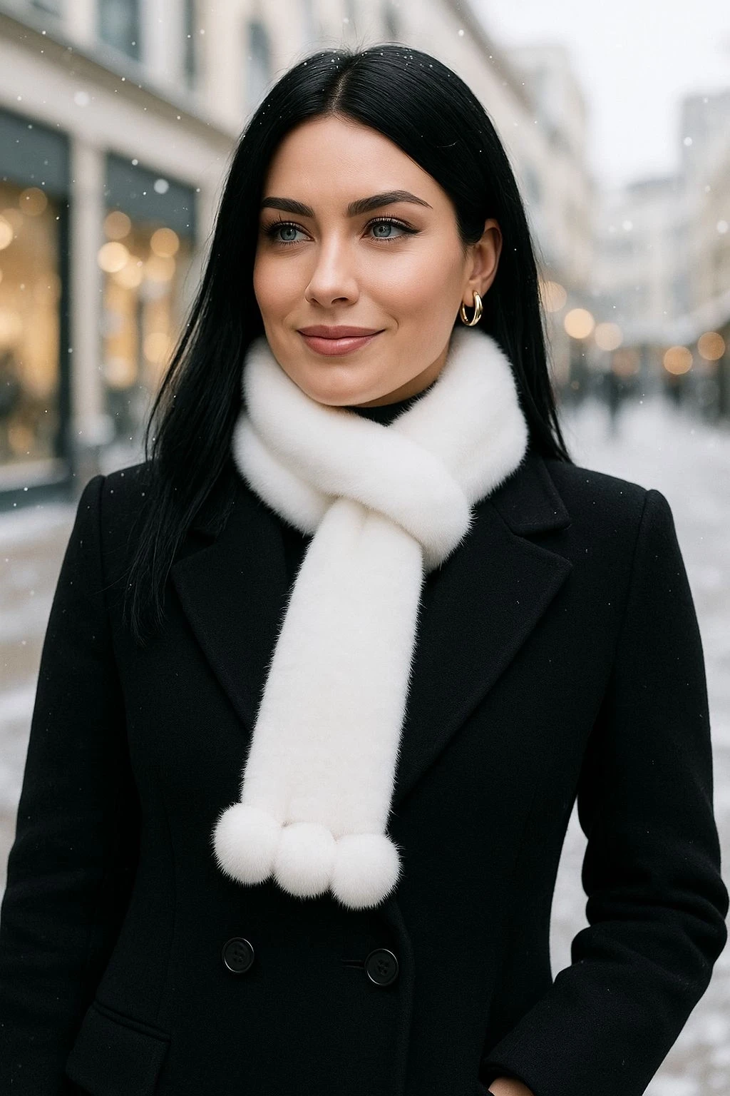 14696 Uçları Ponponlu İçten Geçmeli Peluş Beyaz Atkı