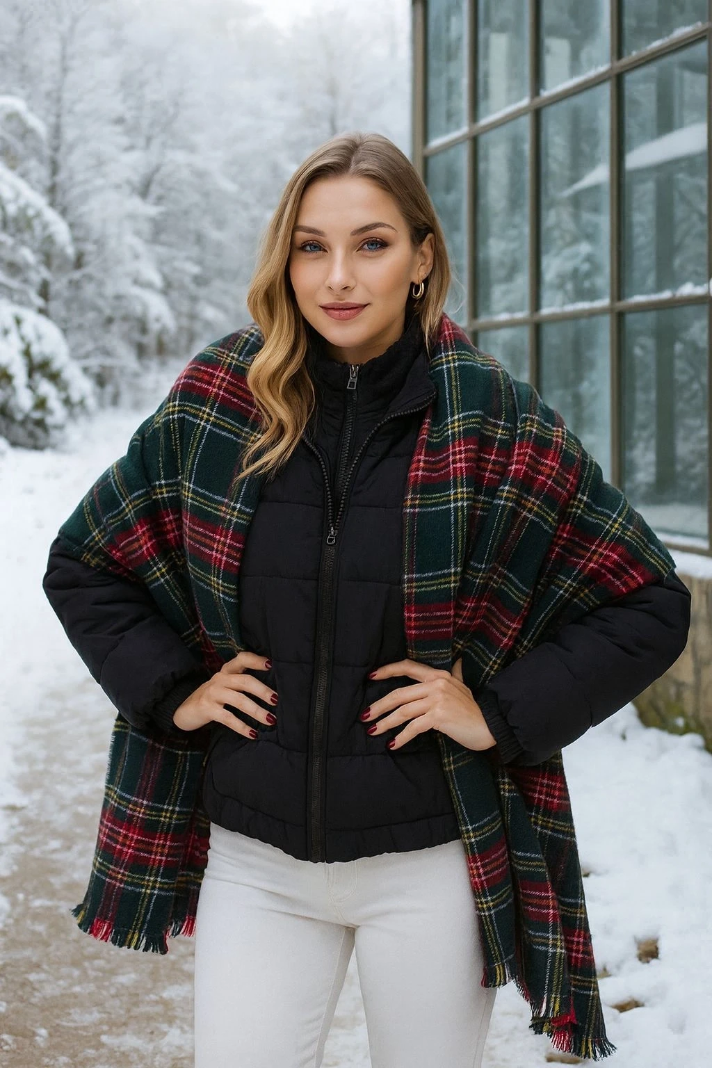 15303 Ekose Desenli Yeşil Püsküllü Puf Kalın Şal