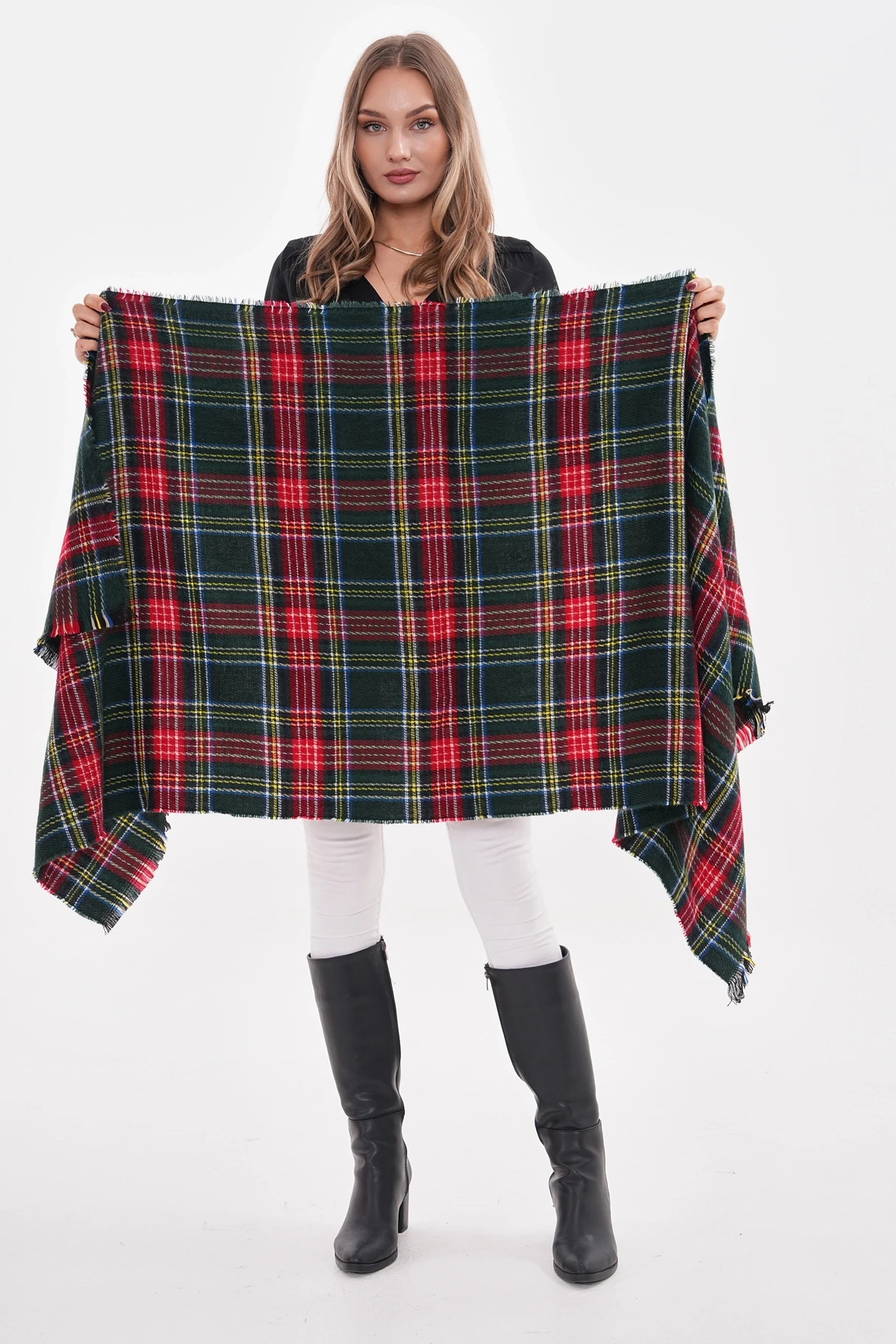 15303 Ekose Desenli Yeşil Püsküllü Puf Kalın Şal