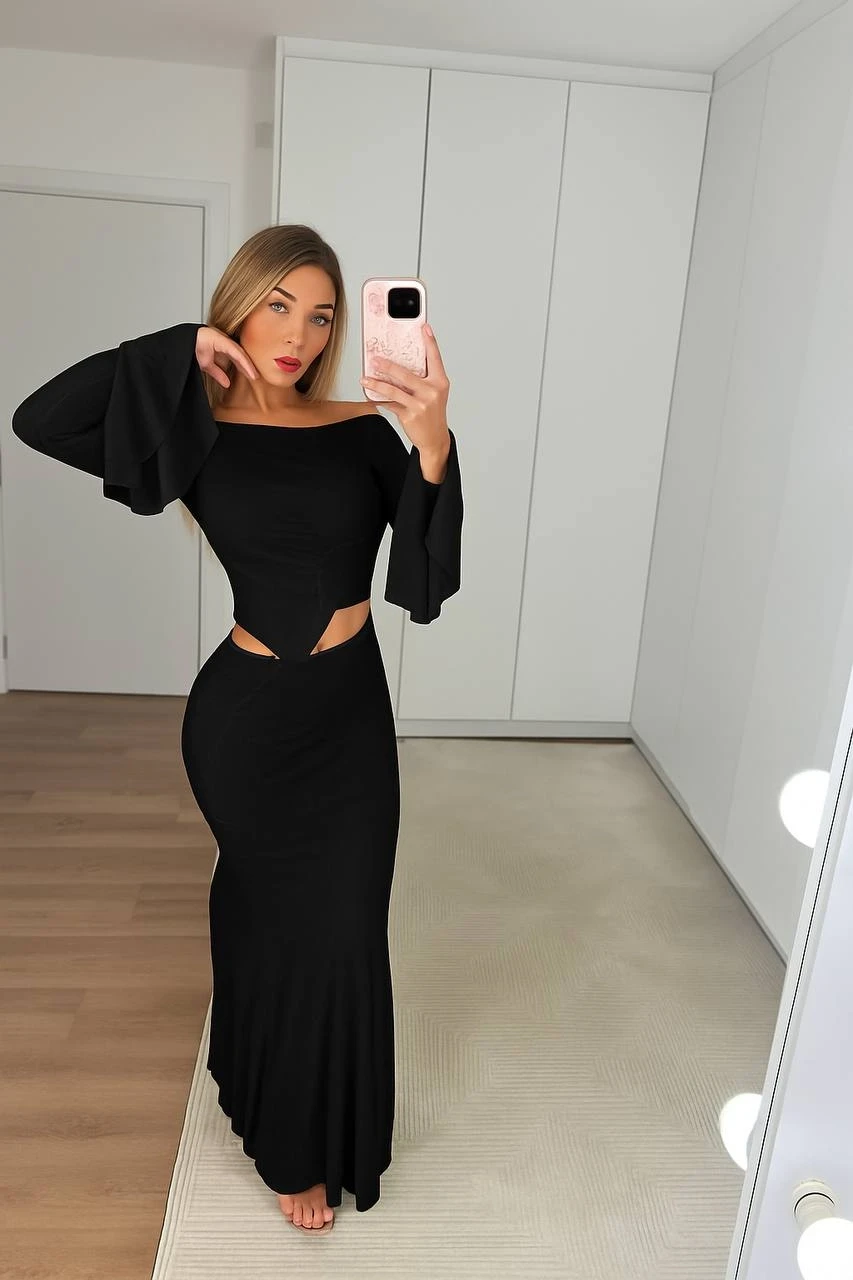 Asimetrik Kol Detay Bluz ve Etek Takım