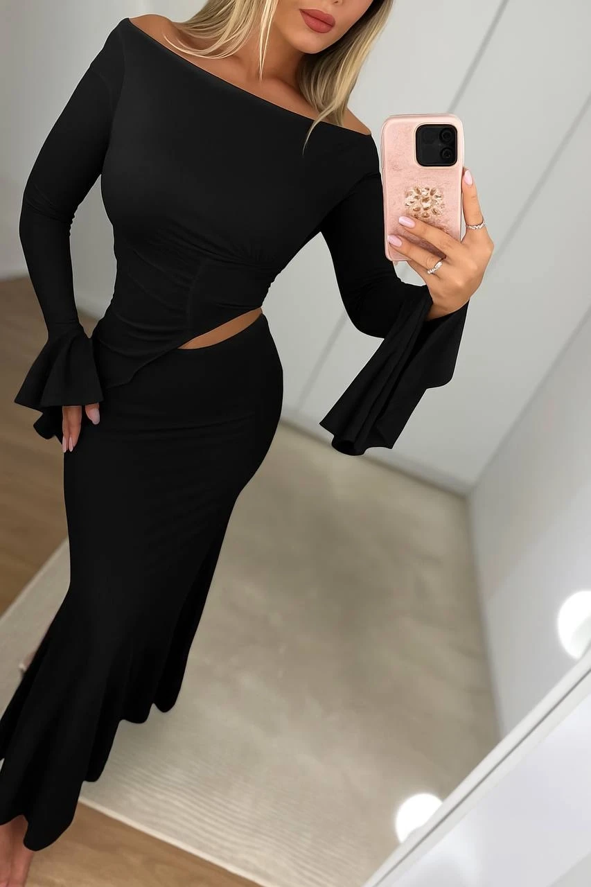 Asimetrik Kol Detay Bluz ve Etek Takım