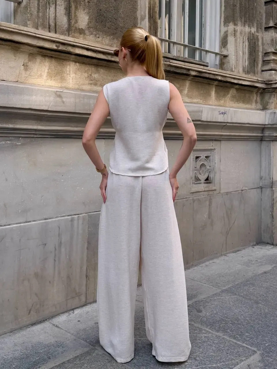 Askılı Yanları Halat Detaylı Gömlek Pantalon Keten Takım