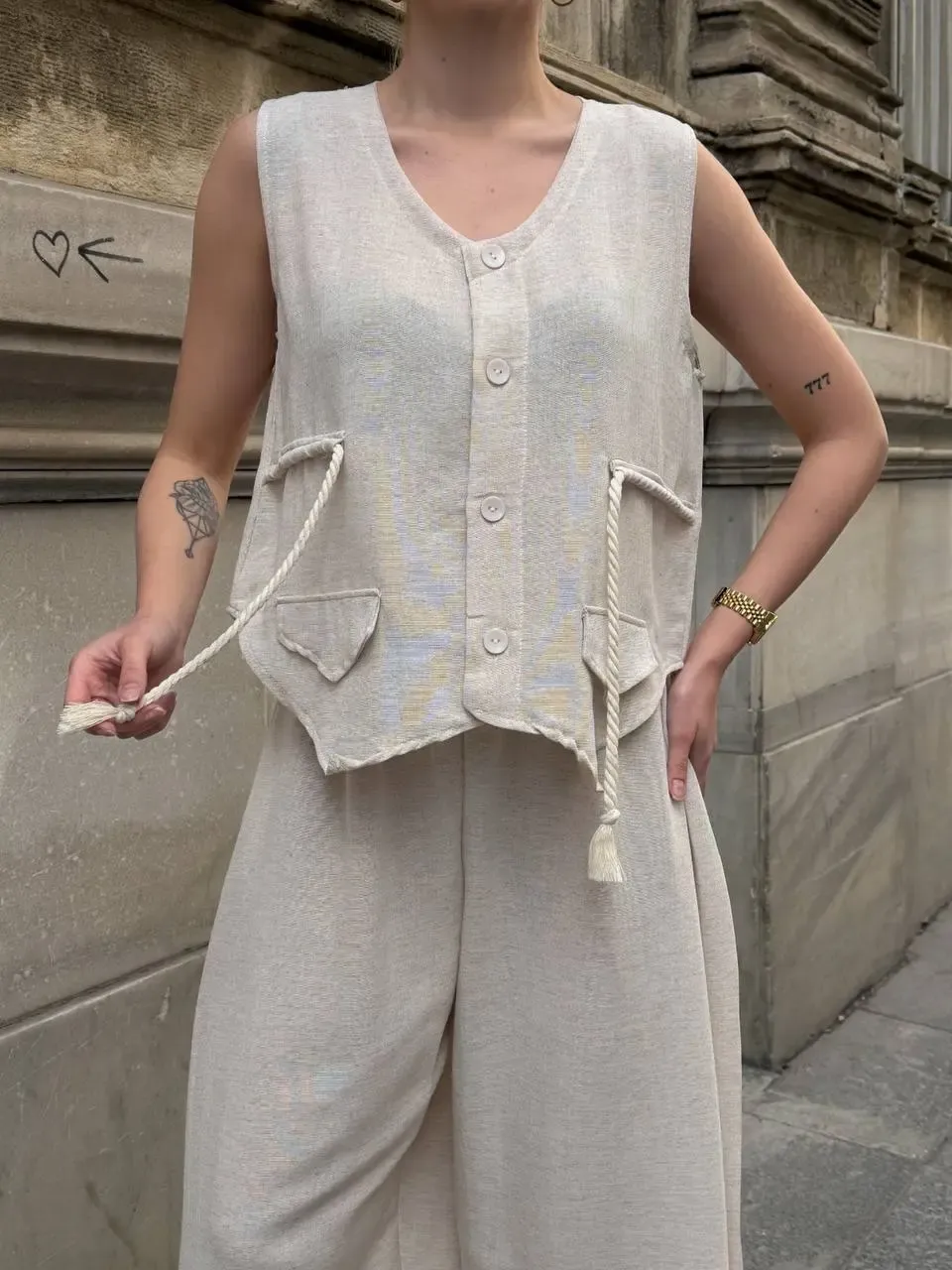 Askılı Yanları Halat Detaylı Gömlek Pantalon Keten Takım