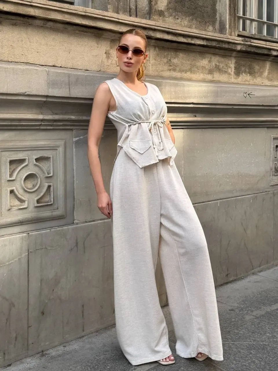 Askılı Yanları Halat Detaylı Gömlek Pantalon Keten Takım