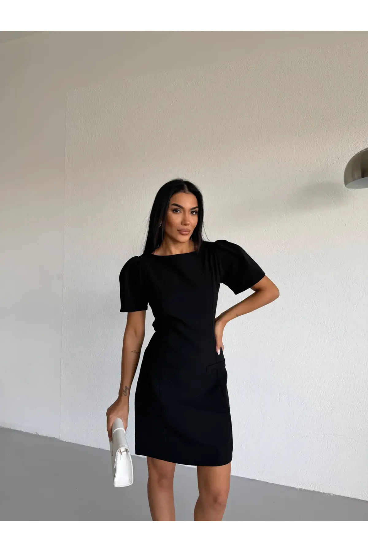 Atlas Kumaş Balon Kol Elbise