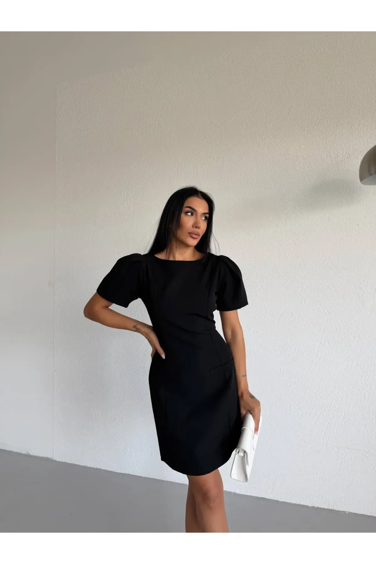 Atlas Kumaş Balon Kol Elbise