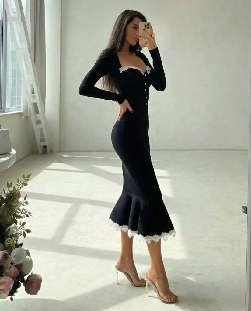 Atlas Kumaş Güpür Dantel Detay Midi Boy Elbise Siyah