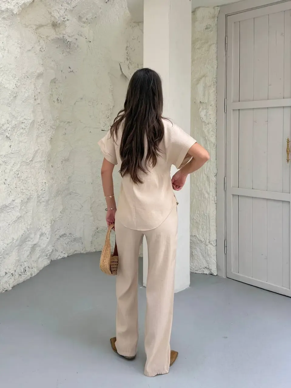 Bel Büzgü Detaylı Kısa Kol Üst ve Pantalon Takım Krem