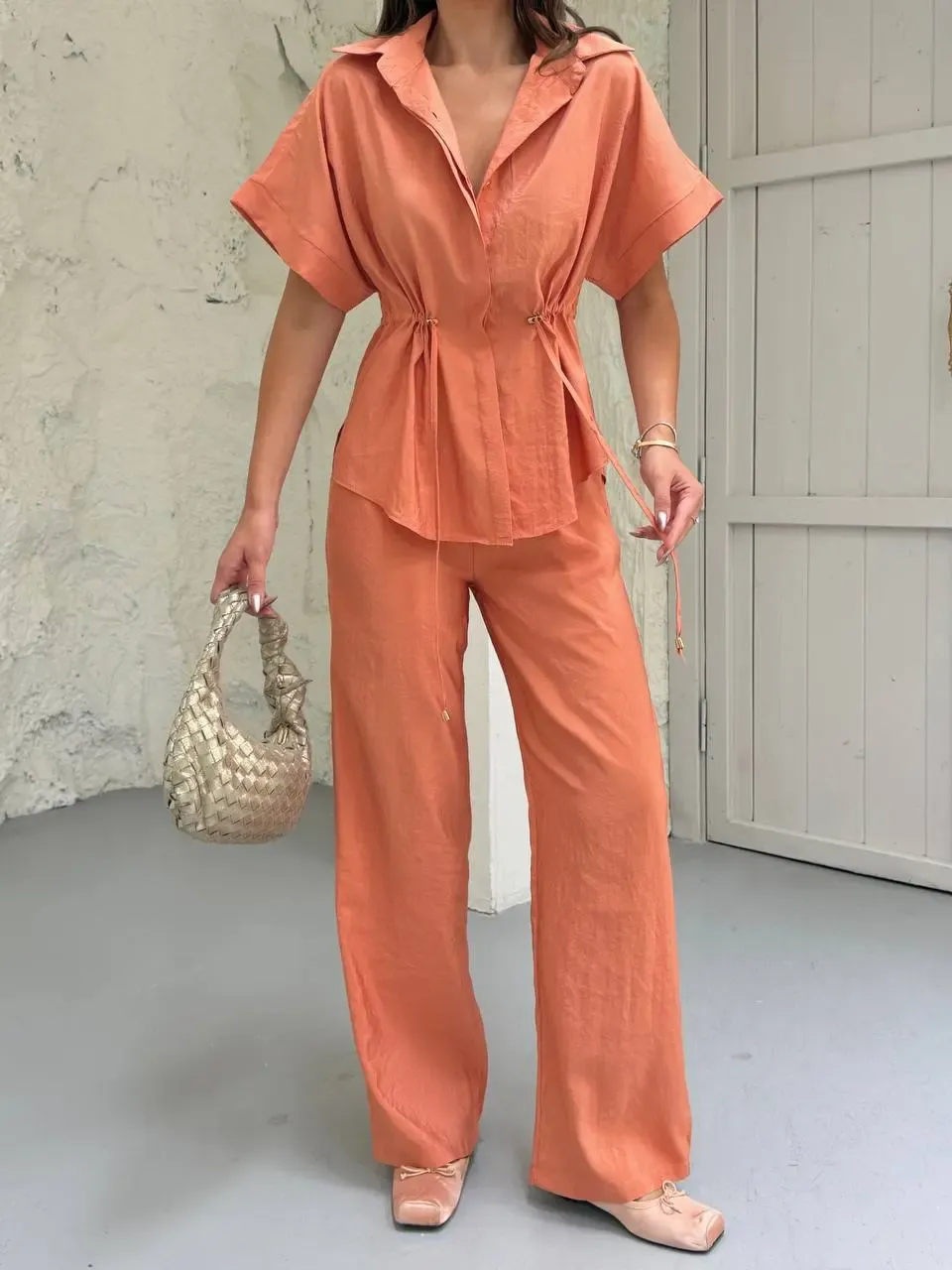 Bel Büzgü Detaylı Kısa Kol Üst ve Pantalon Takım Turuncu