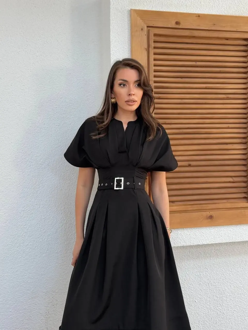 Bel Kemer Detaylı Kısa Kol Elbise