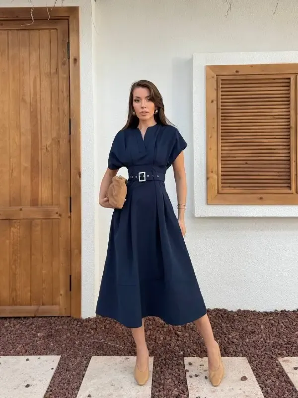 Bel Kemer Detaylı Kısa Kol Elbise Lacivert