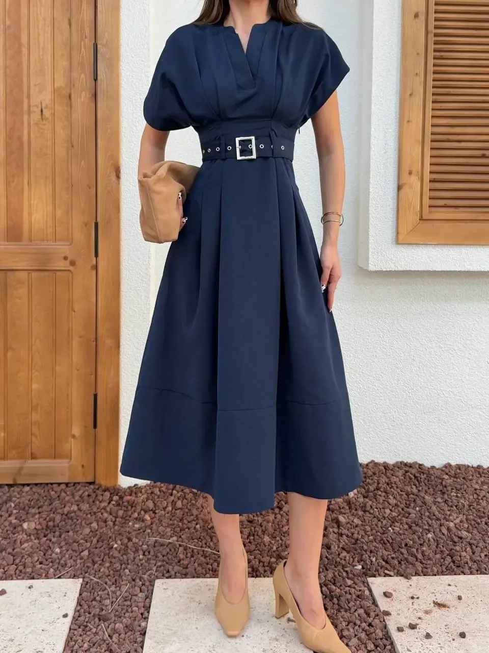 Bel Kemer Detaylı Kısa Kol Elbise Lacivert