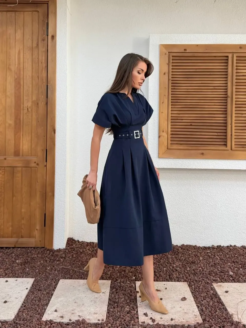 Bel Kemer Detaylı Kısa Kol Elbise Lacivert