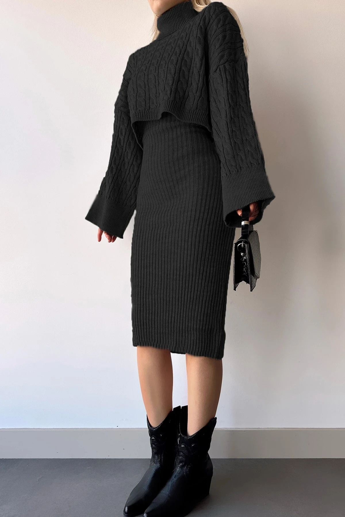 Boğazlı Crop Kazak Triko Elbise Takım siyah