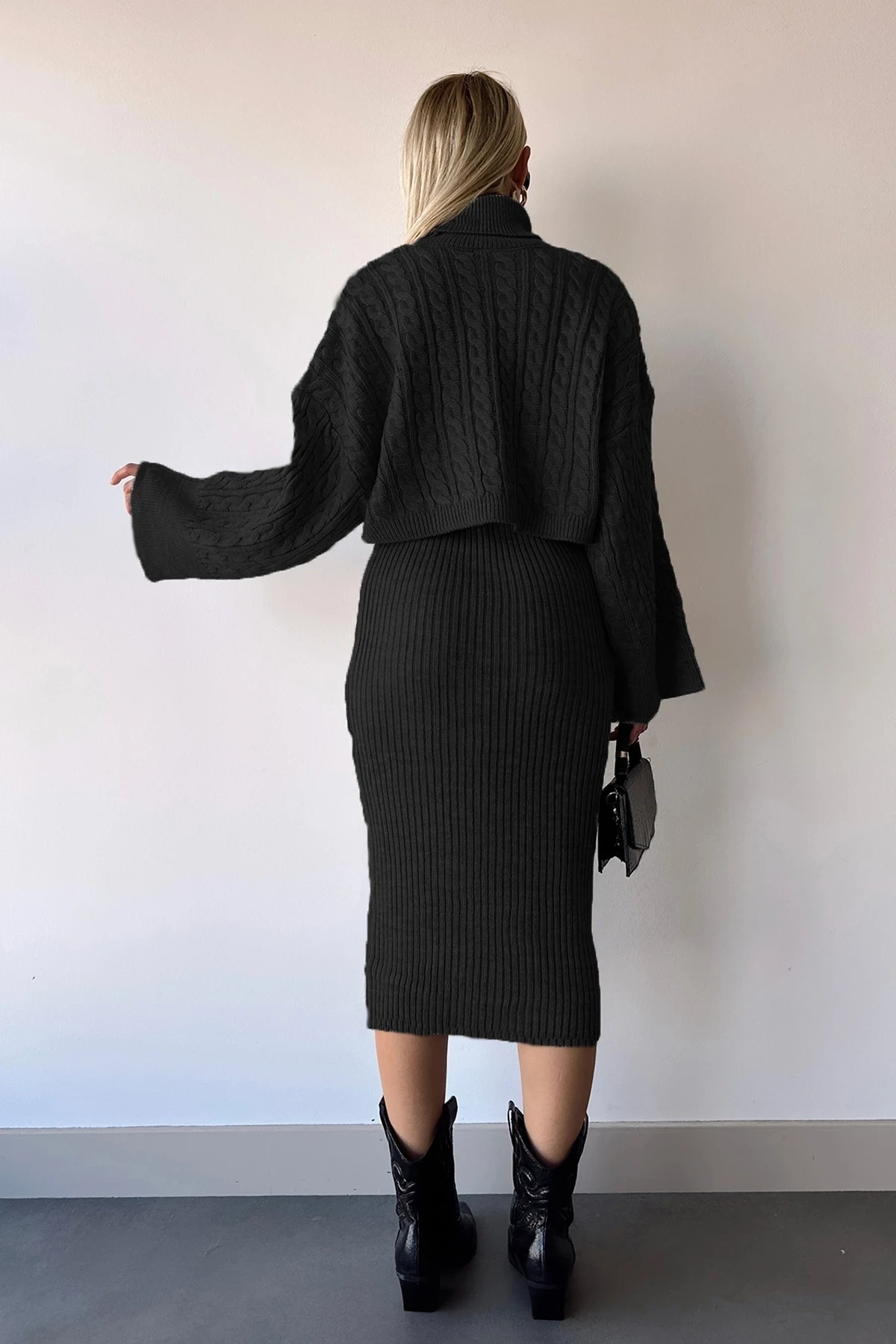 Boğazlı Crop Kazak Triko Elbise Takım siyah