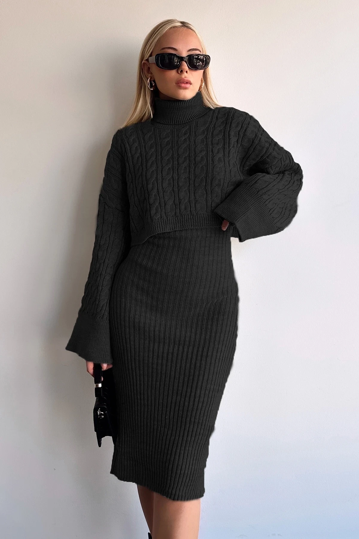 Boğazlı Crop Kazak Triko Elbise Takım siyah