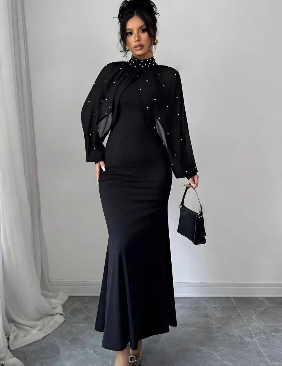 Dalgıç Kumaş Likralı İnci Çakımlı Bolerolu Elbise