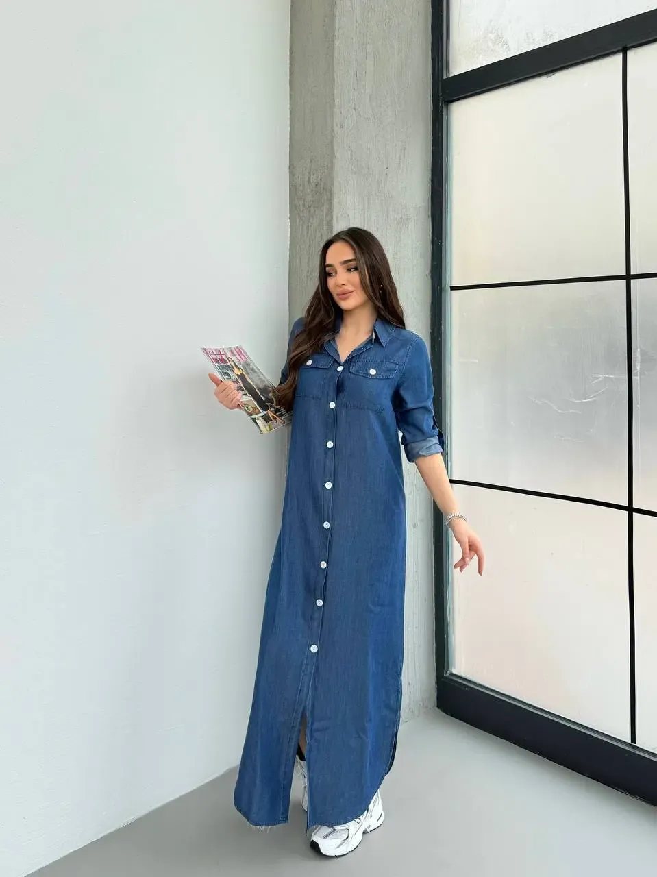 Denim Maxi Gömlek Elbise Mavi