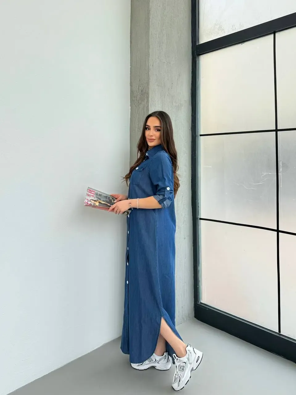 Denim Maxi Gömlek Elbise Mavi