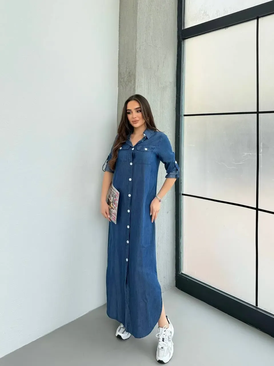 Denim Maxi Gömlek Elbise Mavi