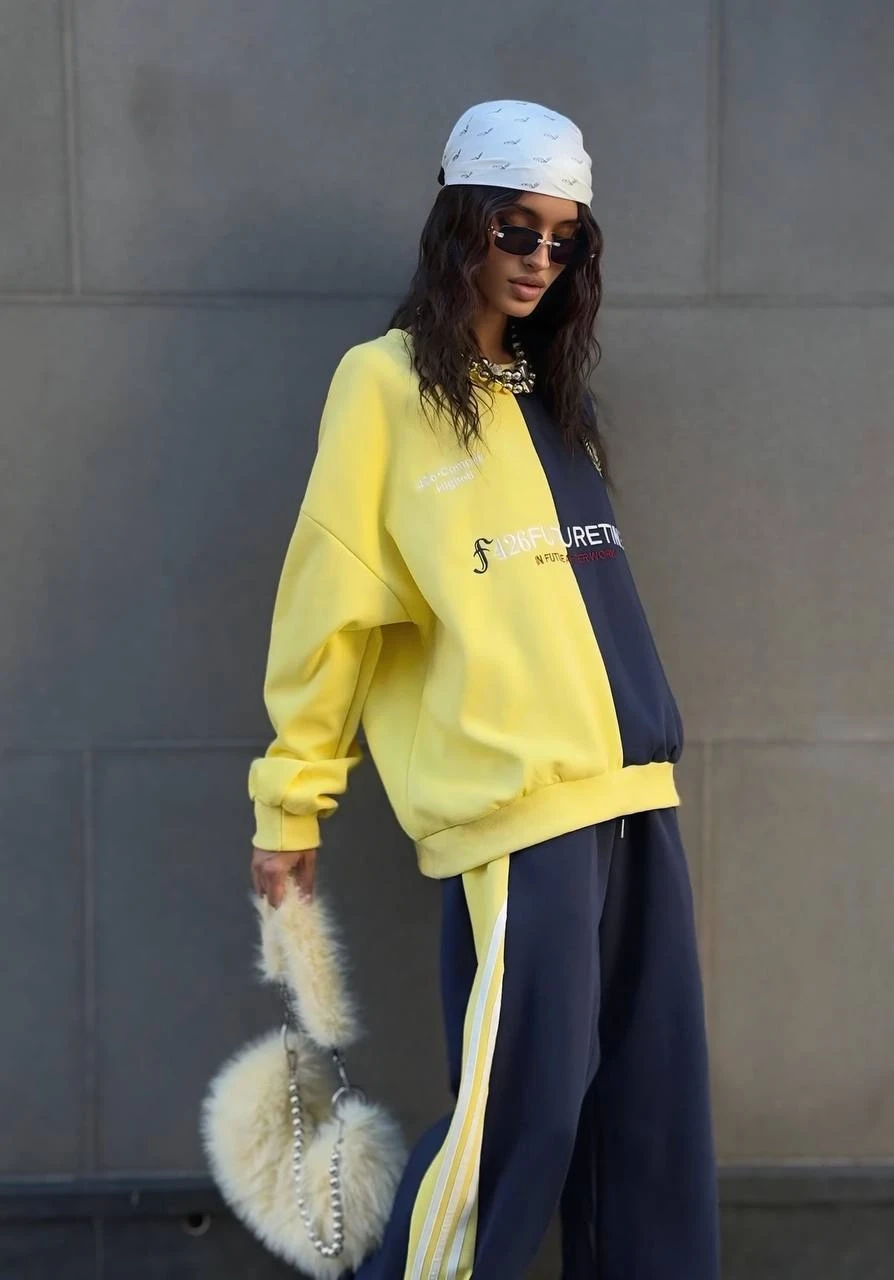 Dijital Baskılı Üç İplik Bloklu Sarı Takım