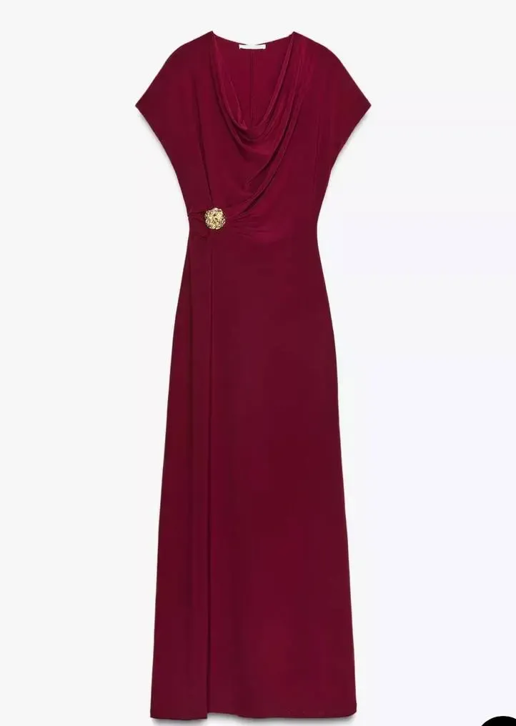 Drape Detaylı Akseuarlı Elbise Bordo