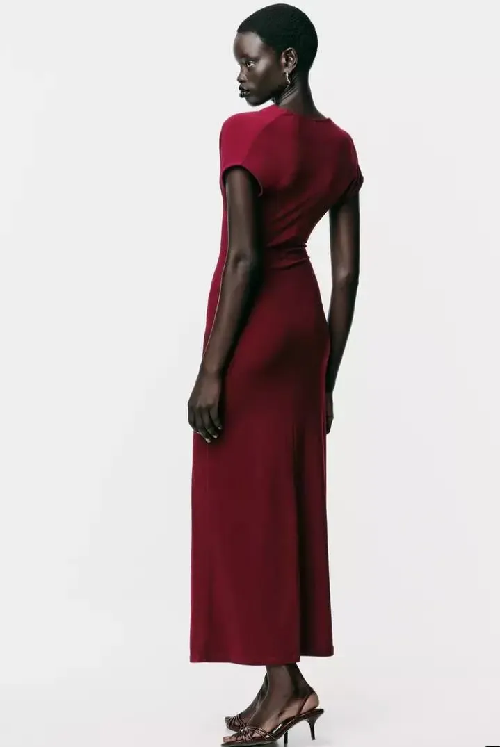 Drape Detaylı Akseuarlı Elbise Bordo