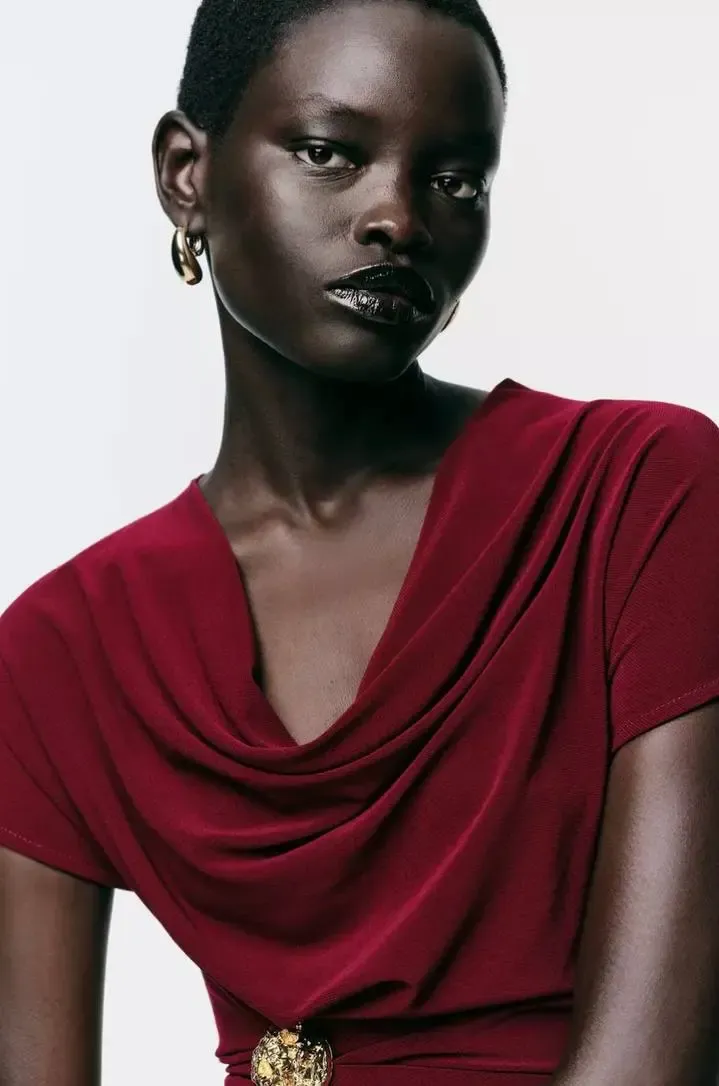 Drape Detaylı Akseuarlı Elbise Bordo