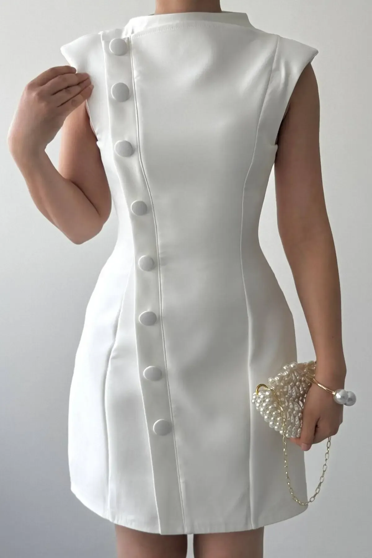 Düğme Detaylı Elbise Beyaz