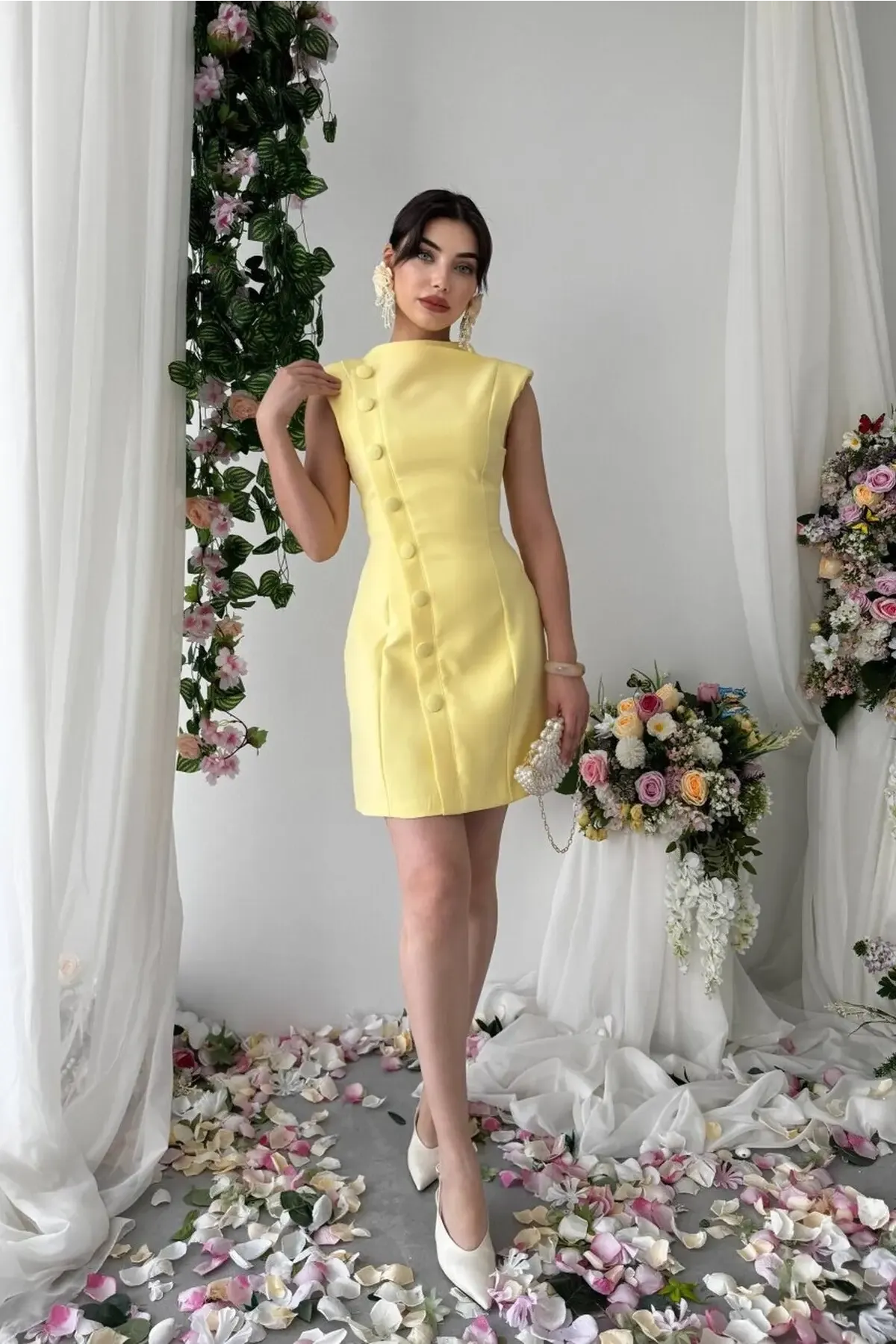 Düğme Detaylı Elbise Sarı