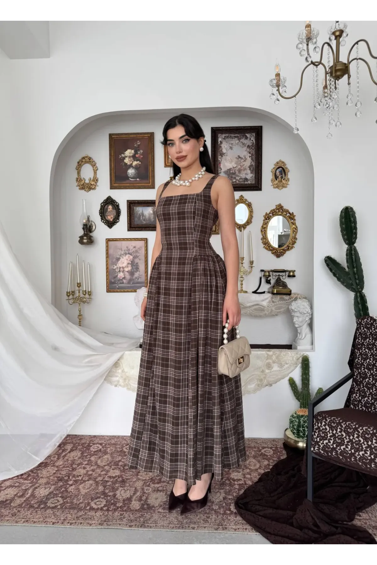 Ekose Desen Askılı Midiboy Elbise