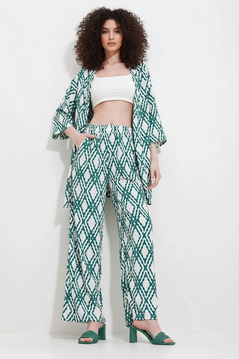 Etnik Desen Kimono Pantalon Takım