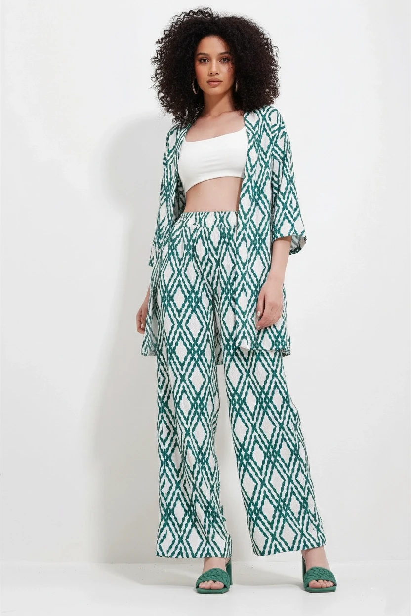 Etnik Desen Kimono Pantalon Takım