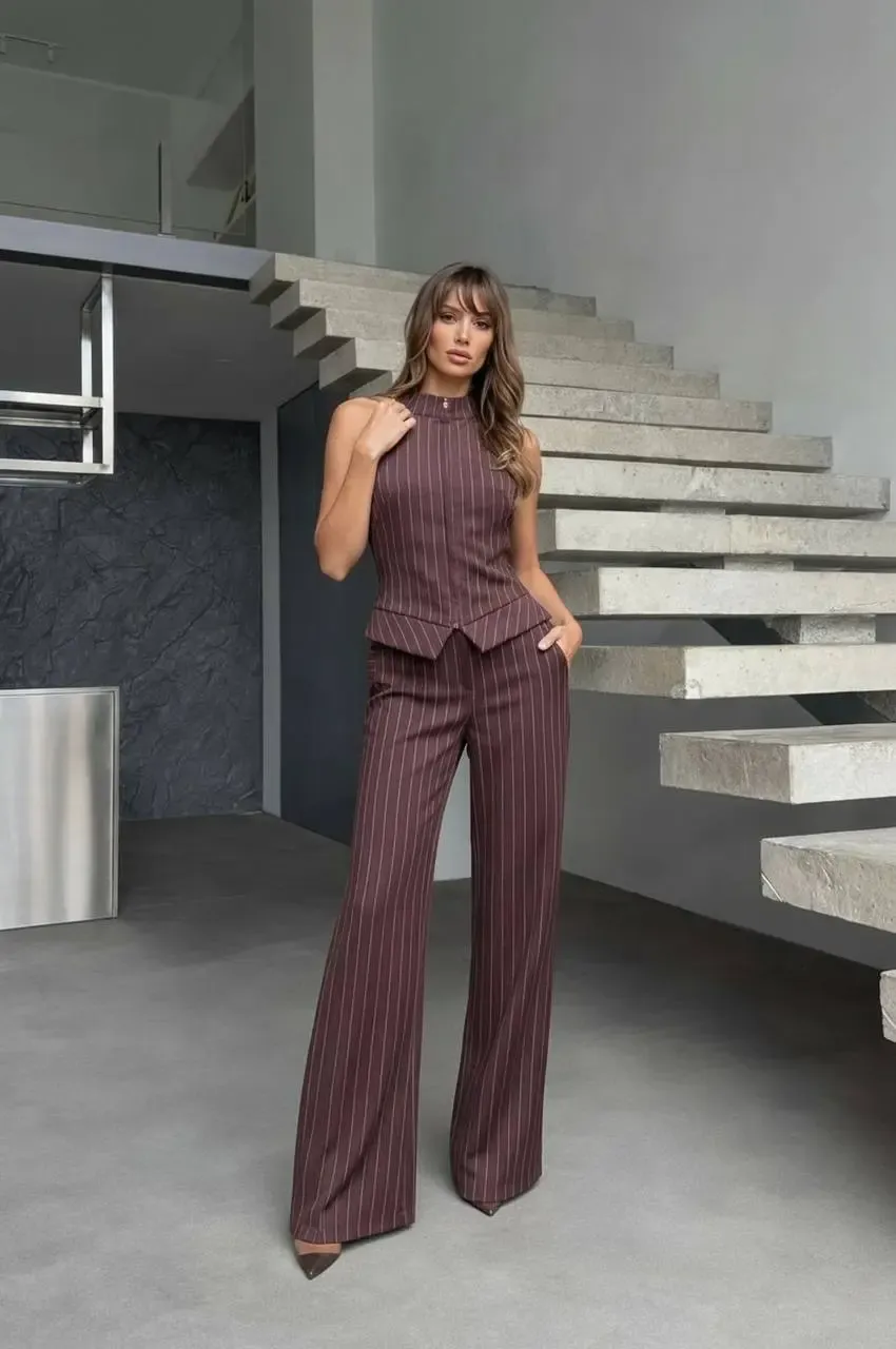 Fermuar Detay Çizgili Takım Kahve