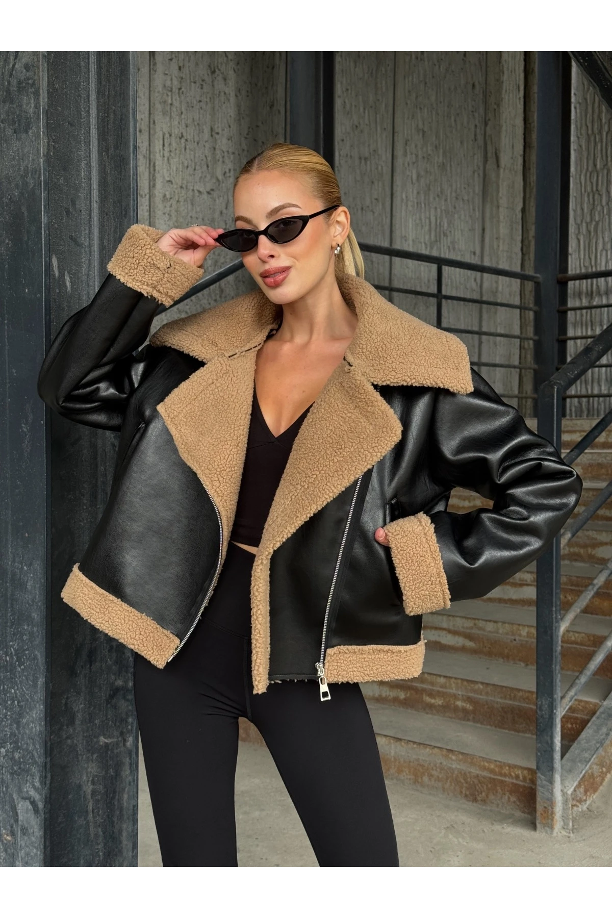 Fermuar Detaylı İçi Kürklü Suni Deri Ceket Siyah Kahve