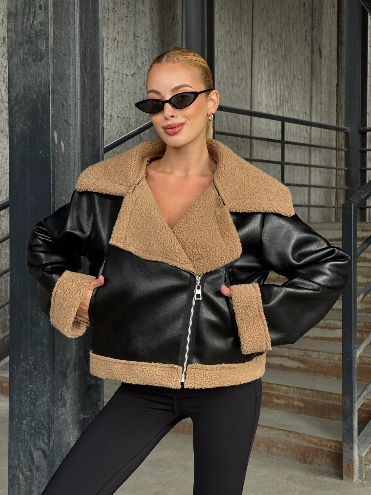 Fermuar Detaylı İçi Kürklü Suni Deri Ceket Siyah Kahve