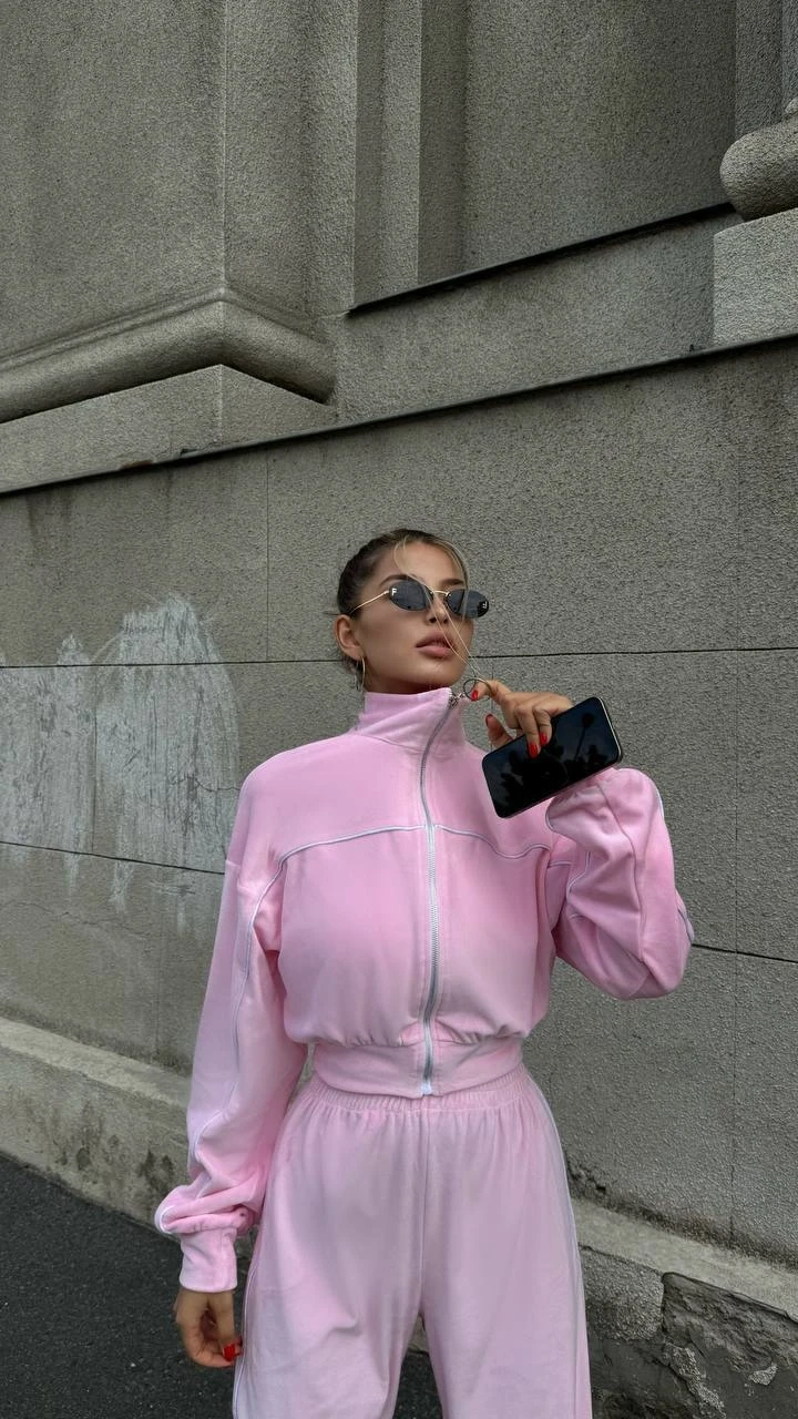 Fransız Kadife Eşofman Takım Pudra