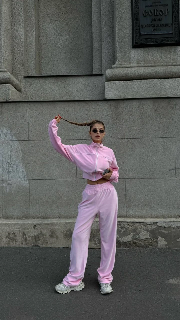 Fransız Kadife Eşofman Takım Pudra