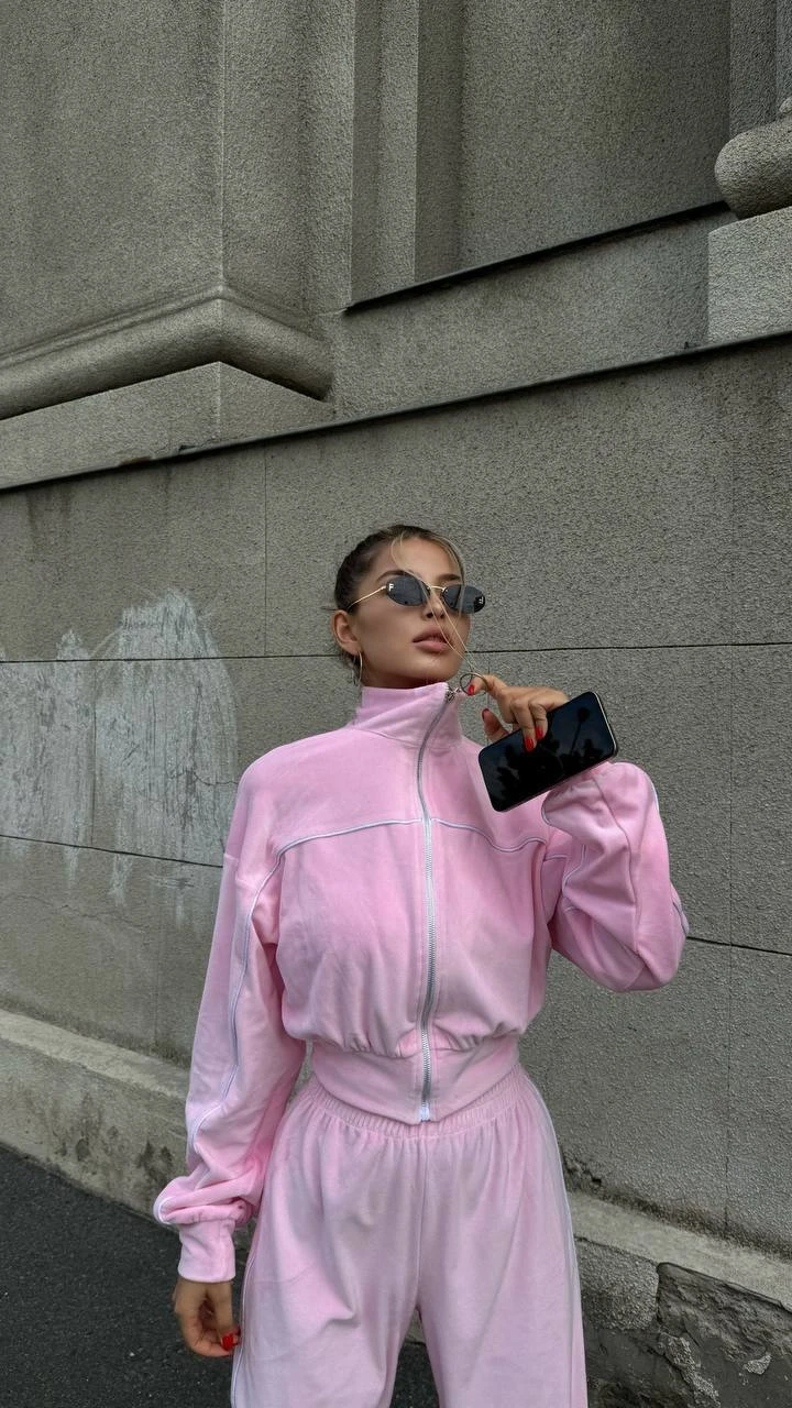 Fransız Kadife Eşofman Takım Pudra