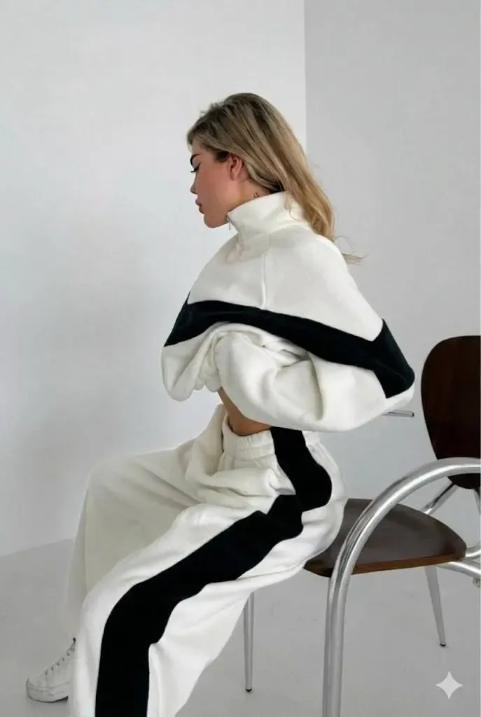 Fransız Kadife Kemik Fermuar Garnili Eşofman Takım Beyaz