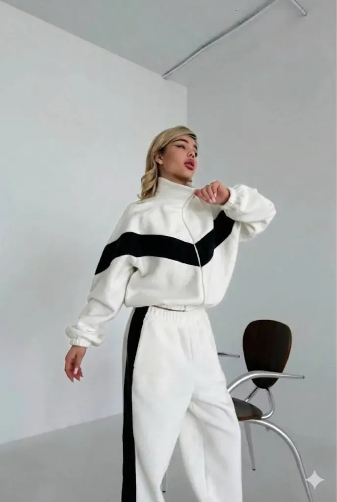 Fransız Kadife Kemik Fermuar Garnili Eşofman Takım Beyaz