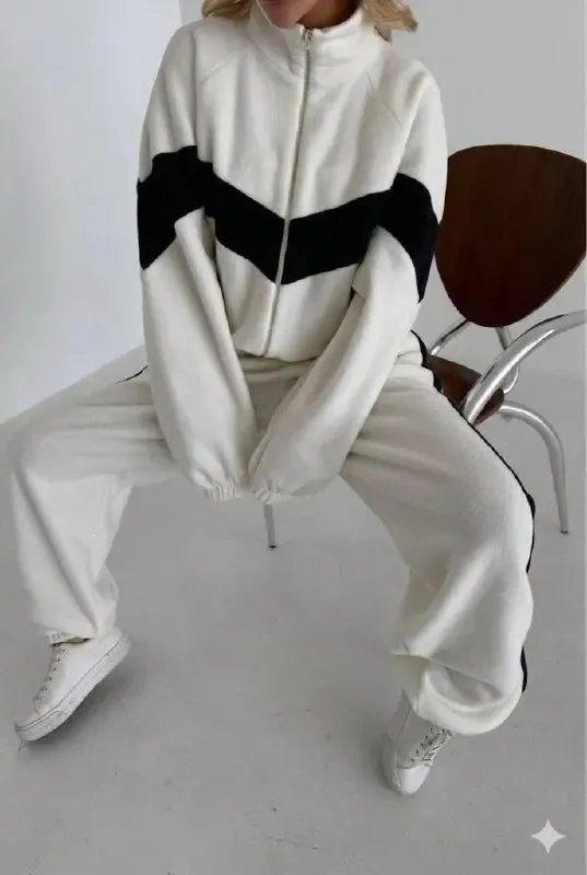 Fransız Kadife Kemik Fermuar Garnili Eşofman Takım Beyaz