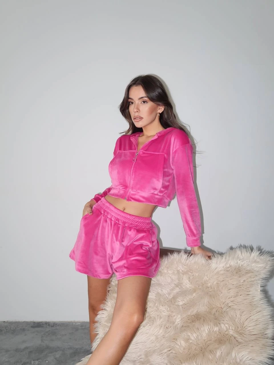 Fransız Kadife Şortlu Takım Pembe