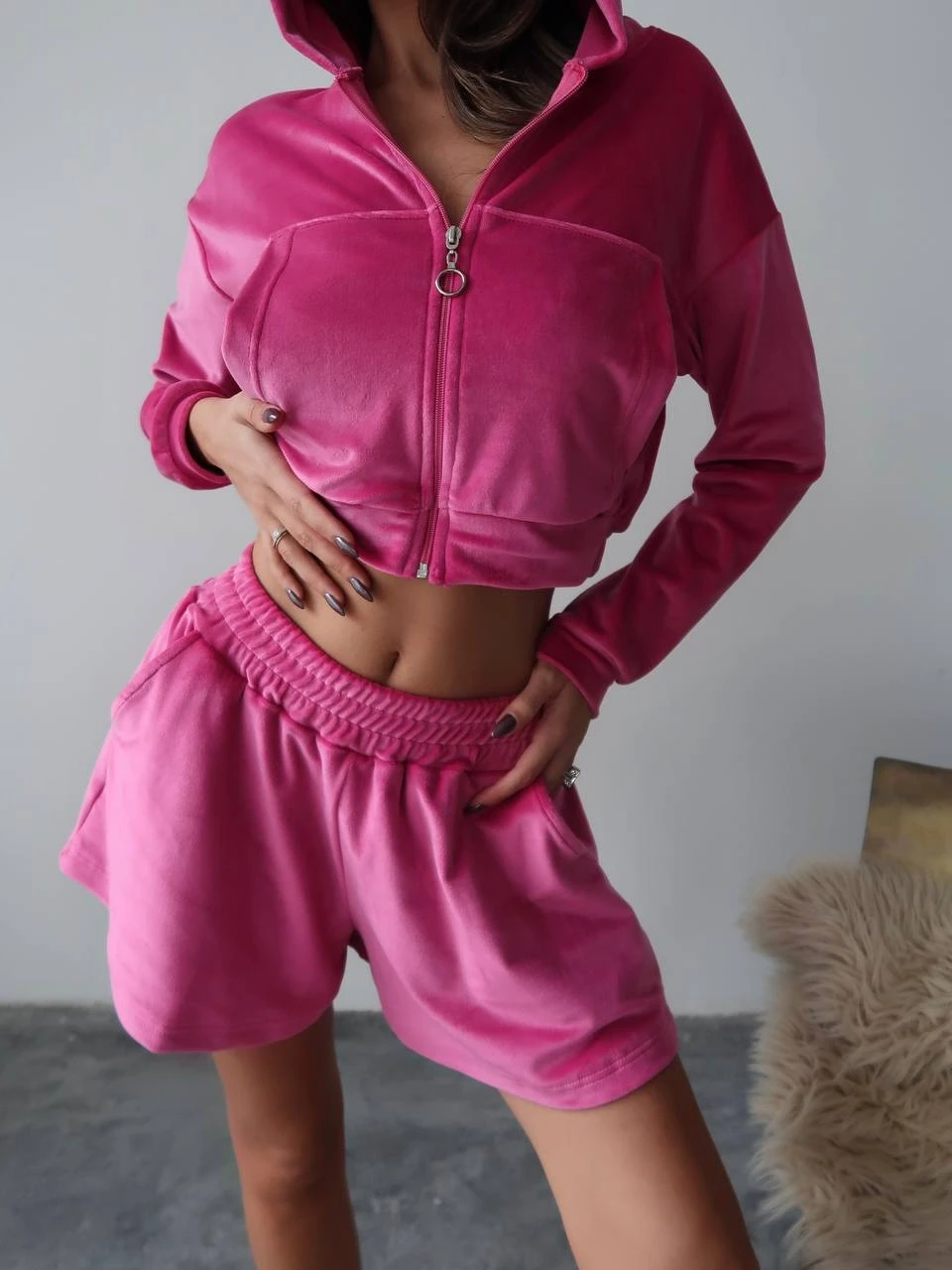 Fransız Kadife Şortlu Takım Pembe