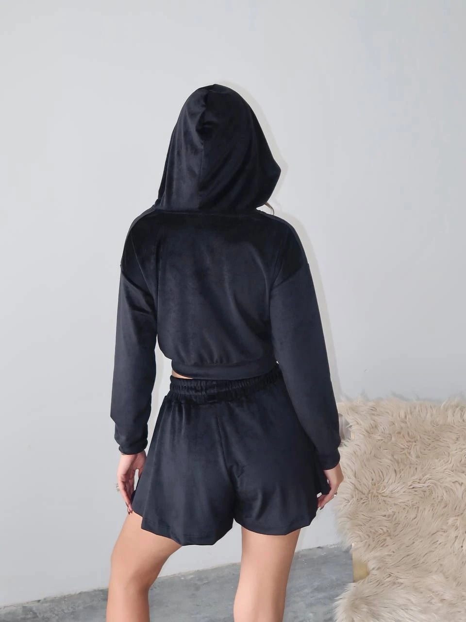 Fransız Kadife Şortlu Takım Siyah