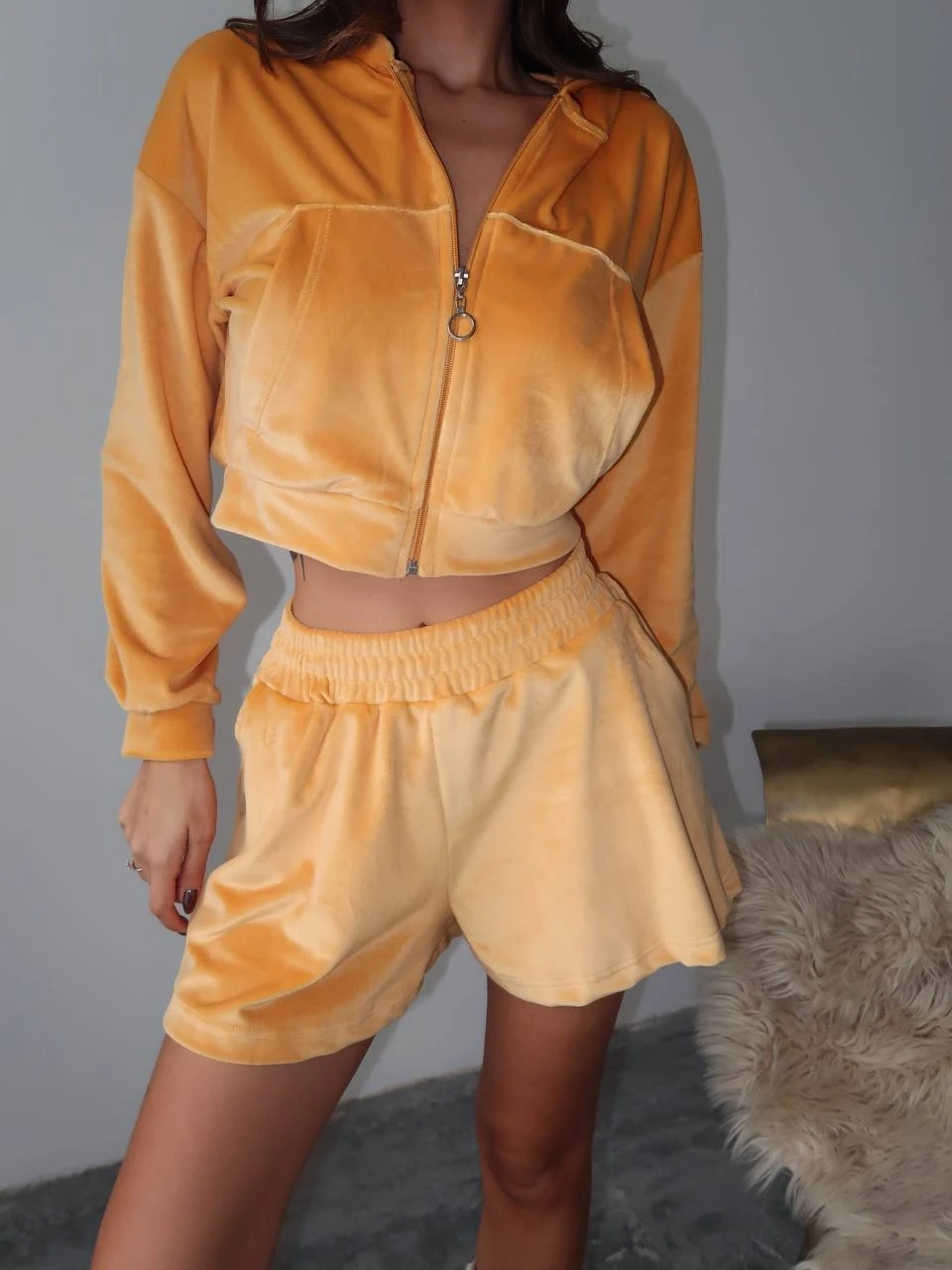 Fransız Kadife Şortlu Takım Turuncu